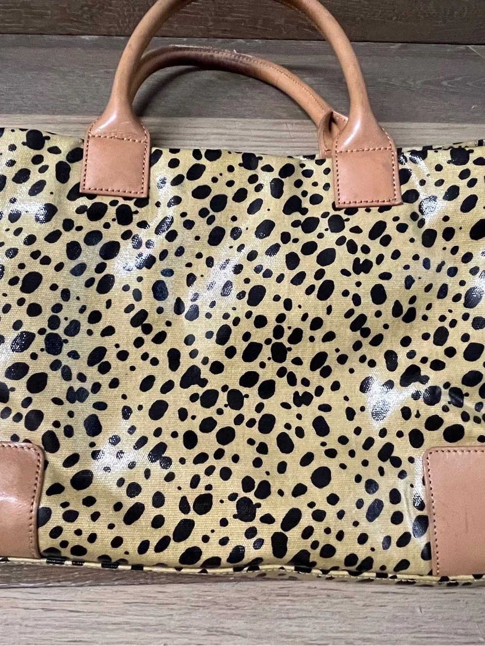 Tory Burch Vintage Ella Tote Animal Print Tan Leather Shiny Coated Canvas Fair